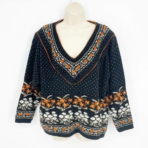Vintage 90s Keren Womens Black Floral V Neck Sweater Size M Made USA Orange